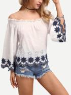 Romwe Off-the-shoulder Flower Embroidered Blouse
