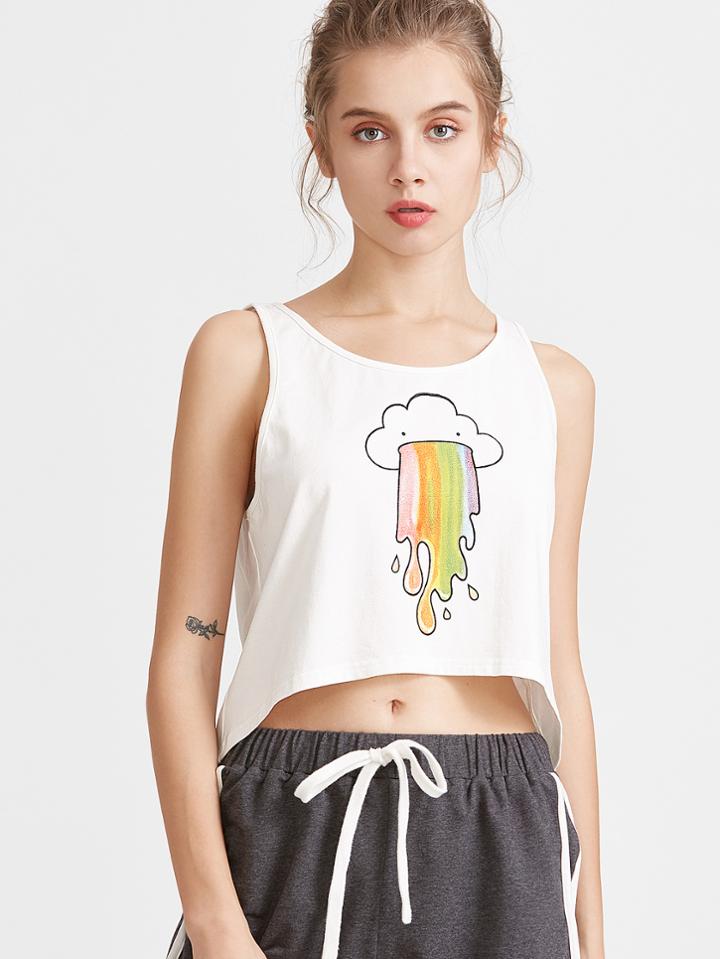 Romwe Cartoon Print High Low Tank Top