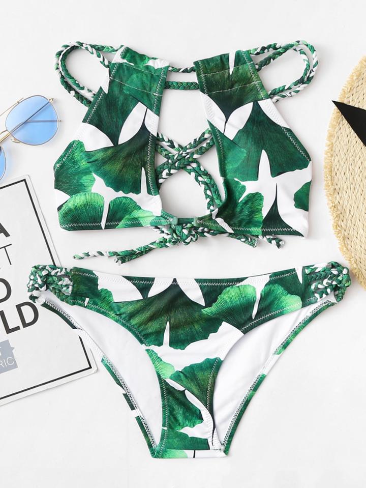 Romwe Leaf Print Braided Strap Detail Bikini Set