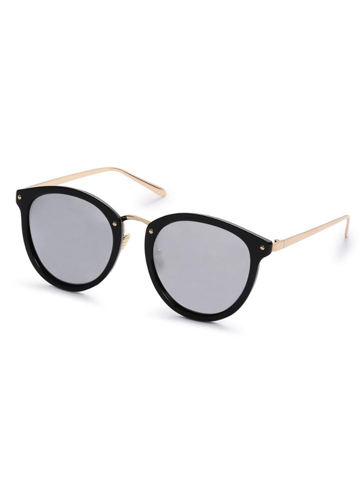 Romwe Black Frame Metal Arm Round Lens Sunglasses