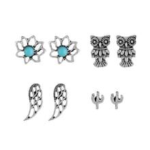 Romwe Owl & Lotus Stud Earrings 4pairs