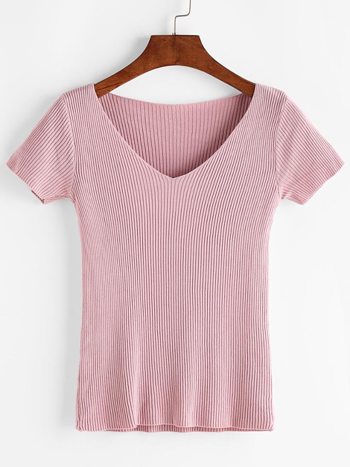 Romwe Pink V Neck Ribbed Knitted T-shirt