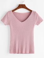 Romwe Pink V Neck Ribbed Knitted T-shirt