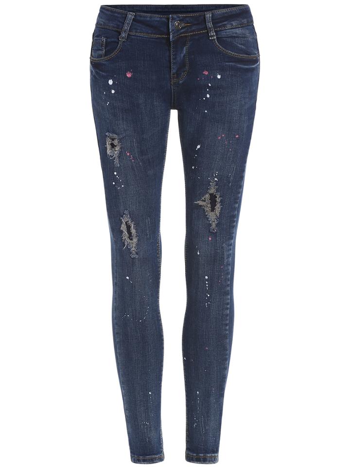 Romwe Ripped Speckled Print Slim Denim Pant