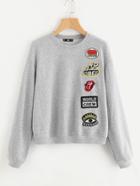 Romwe Embroidered Patch Detail Heather Knit Sweatshirt