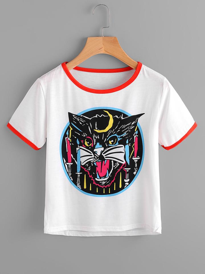 Romwe Cat Print Ringer Tee