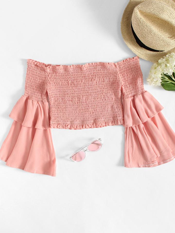 Romwe Tiered Ruffle Shirred Off Shoulder Blouse