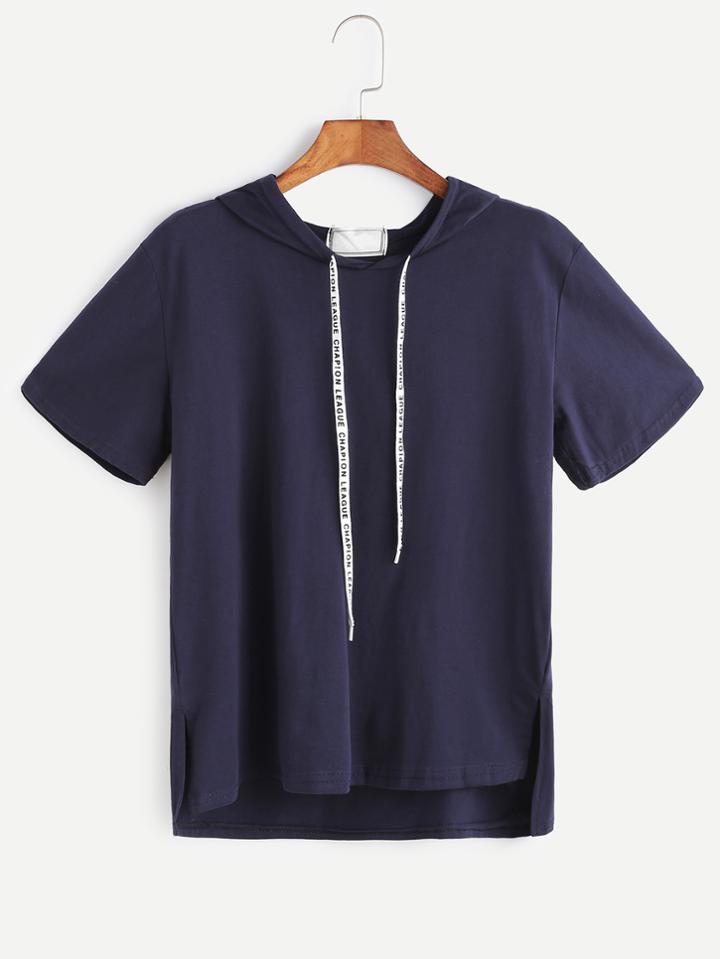 Romwe Navy Drawstring Hooded High Low Split Side T-shirt