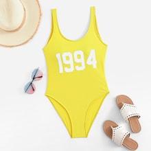 Romwe Neon Yellow U Back Number One Piece Swimsuit
