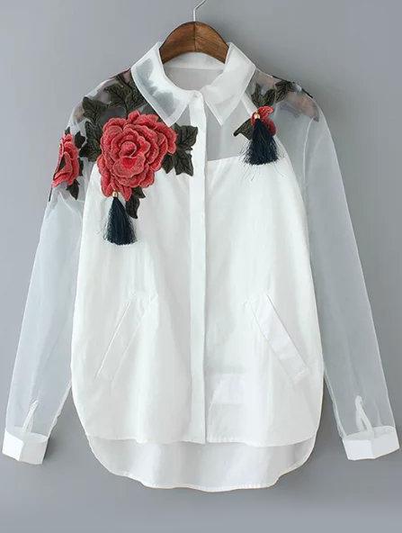 Romwe Lapel Dip Hem Embroidered Organza Blouse