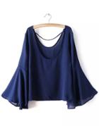 Romwe Royal Blue Scoop Neck Bell Sleeve Blouse