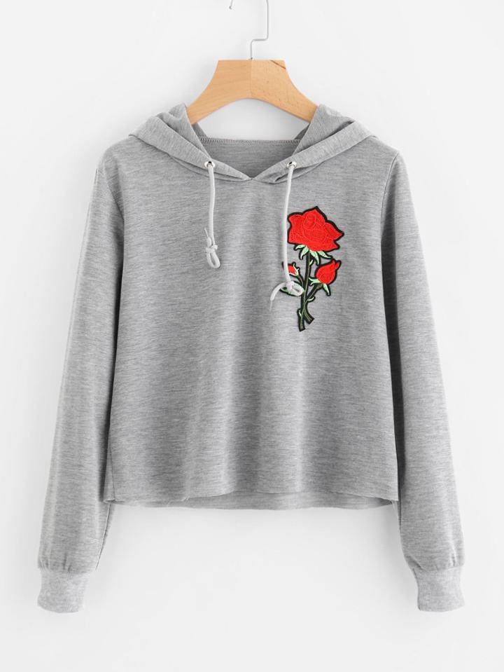 Romwe Embroidered Rose Patch Hoodie