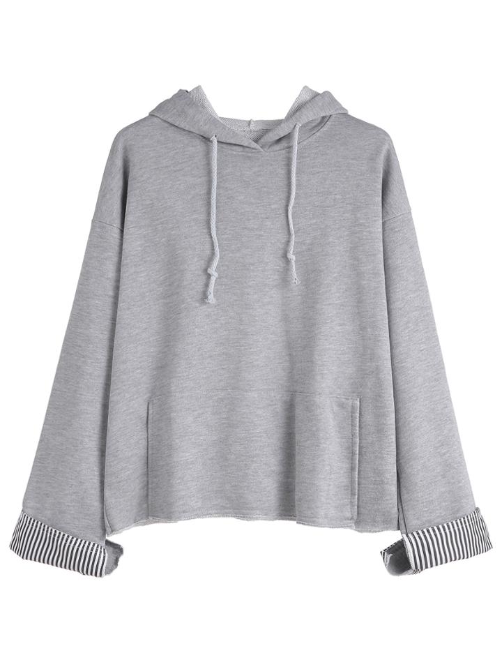 Romwe Heather Grey Drop Shoulder Hooded Striped Lining Sweatshirt