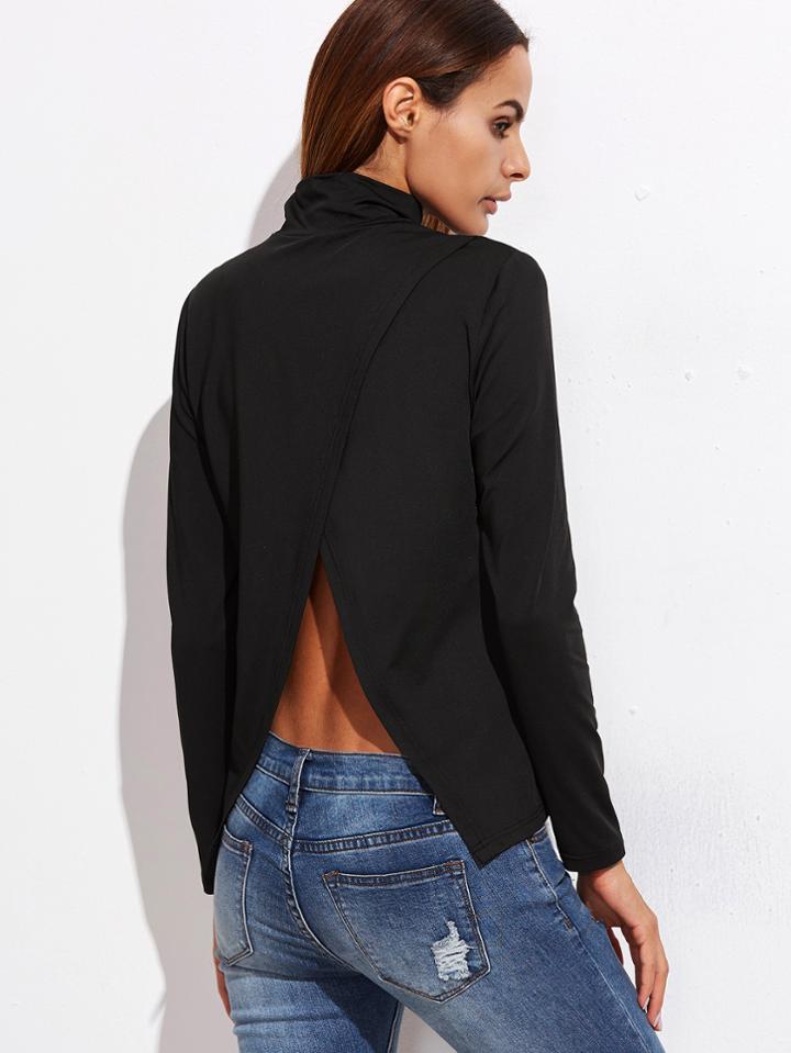 Romwe Black Cowl Neck Split Back T-shirt