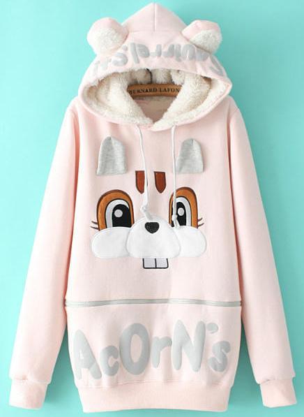 Romwe Hooded Rabbit Pattern Pink Sweatshirt