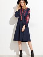 Romwe Navy Embroidered Tassel Tie Dress