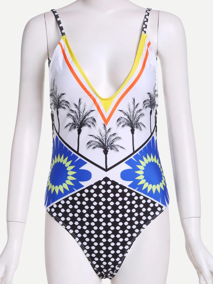 Romwe Multicolor Printed Backless One Piece Swimwear