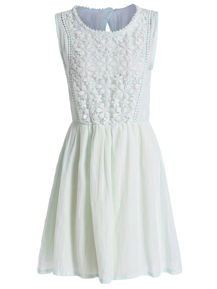Romwe Lace Crochet Sleeveless Pleated Green Dress