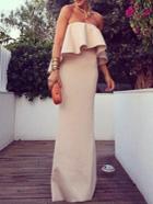 Romwe Strapless Ruffle Maxi Apricot Dress