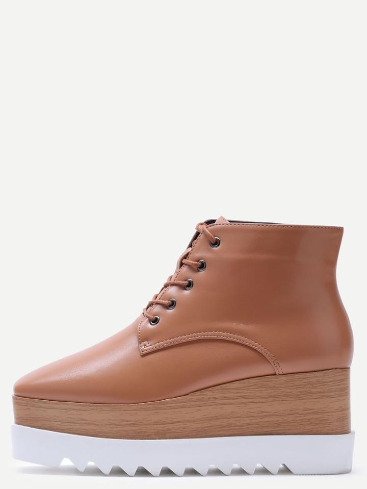 Romwe Brown Lace Up Pu Square Toe Platform Ankle Boots