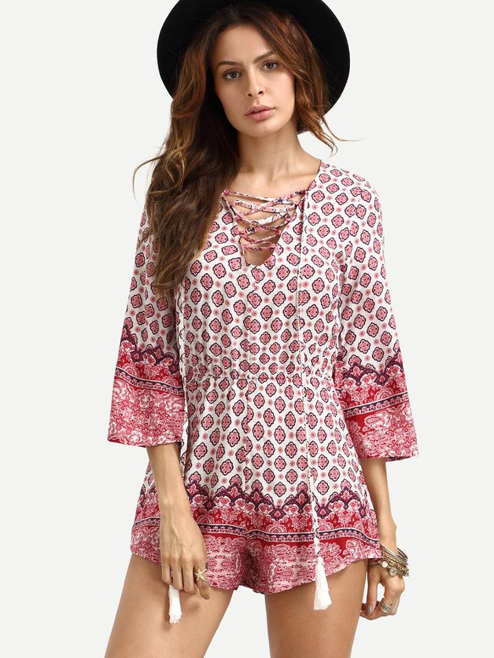Romwe Tie Neck Vintage Print Fringe Romper