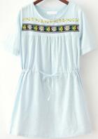 Romwe Drawstring Embroidered Loose Blue Dress