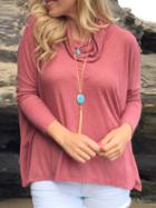 Romwe Draped Neck Slit Back Pink T-shirt