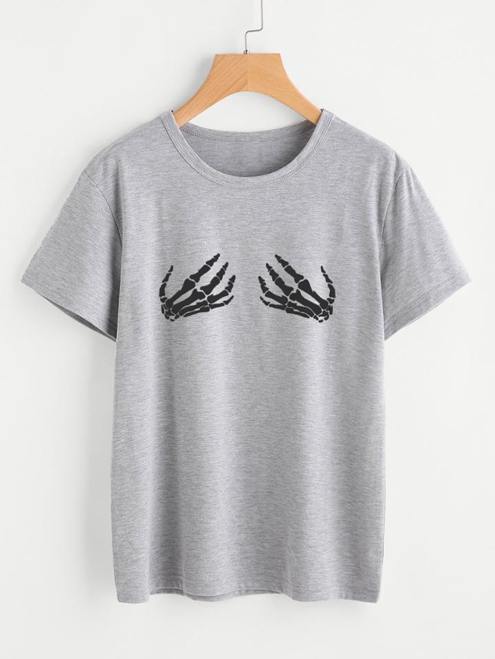 Romwe Halloween Skeleton Hand Marled T-shirt