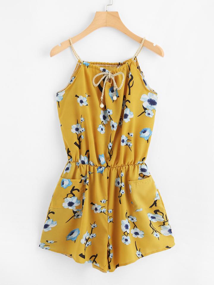 Romwe Floral Print Random Tie Neck Cami Romper