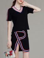 Romwe Navy Striped Knit Top With Split Skirt