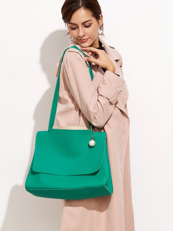Romwe Green Pebbled Pu Faux Pearl Flap Shoulder Bag