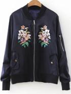 Romwe Navy Flower Embroidery Bomber Jacket