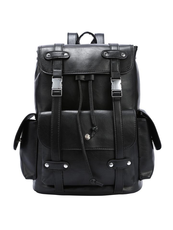 Romwe Black Dual Buckled Strap Flap Backpack