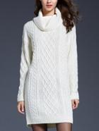 Romwe Cowl Neck Cable Knit White Sweater Dress
