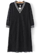 Romwe Striped Rib Neck And Cuff Black Lace Dress