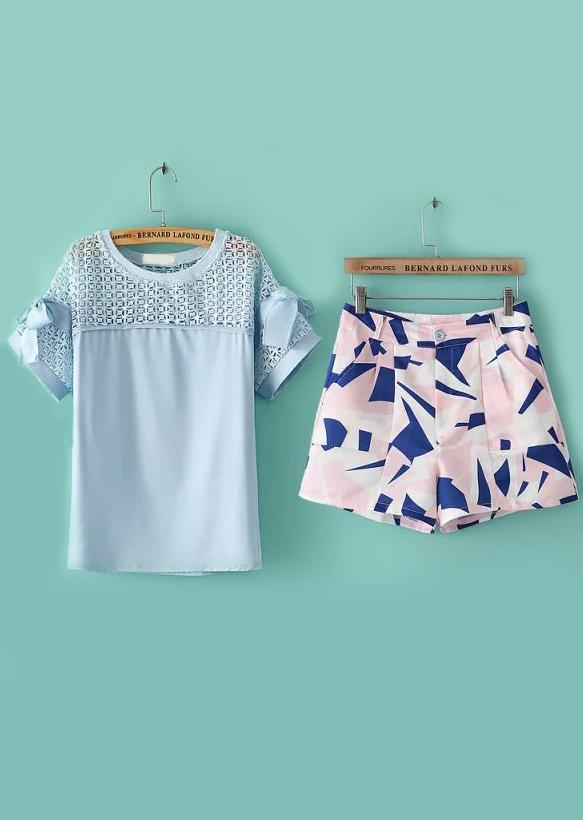 Romwe Lace Insert Bow Top With Geometric Print Shorts