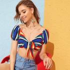 Romwe Colorful Striped Tie Front Crop Blouse