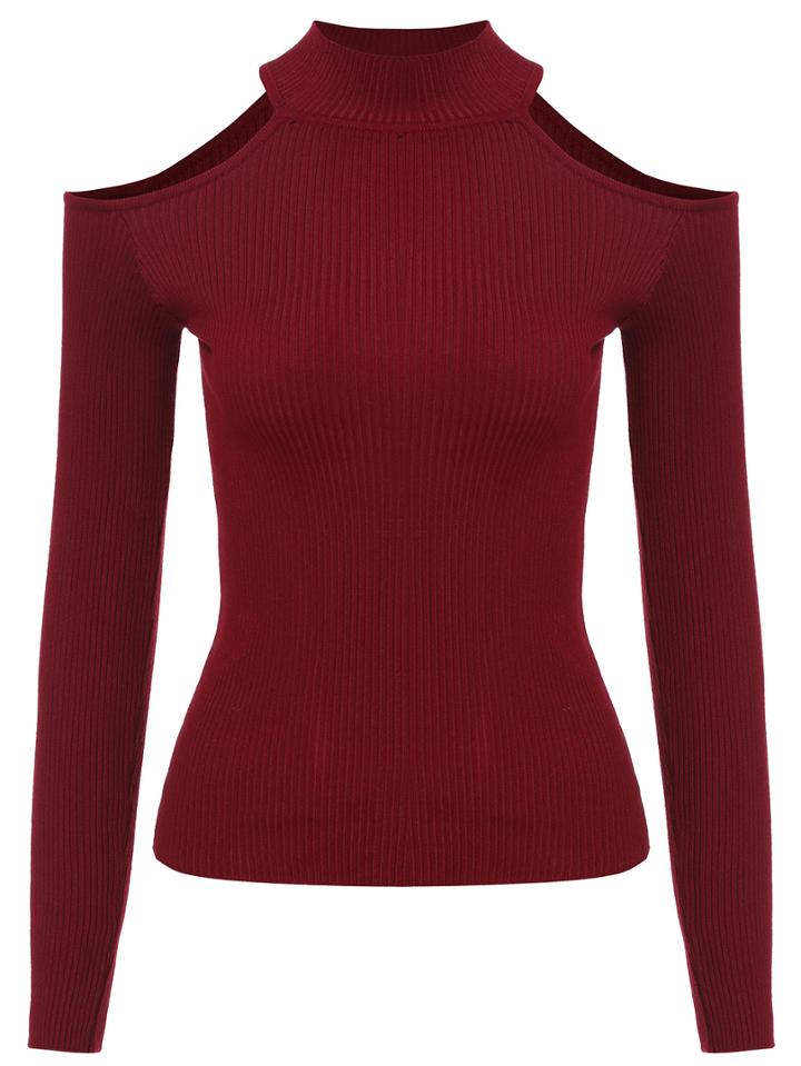 Romwe Mock Neck Open Shoulder Wine Red Sweater