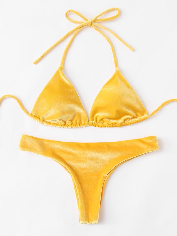 Romwe Self Tie Velvet Bikini Set