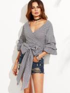 Romwe Gingham V Neckline Ruched Sleeve Bow Tie Blouse