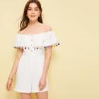 Romwe Pom Pom Ruffle Trim Off Shoulder Playsuit