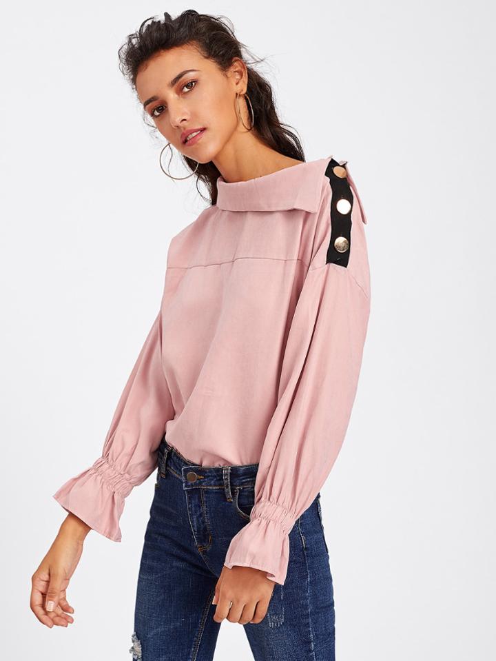 Romwe Elastic Cuff Button Side Blouse