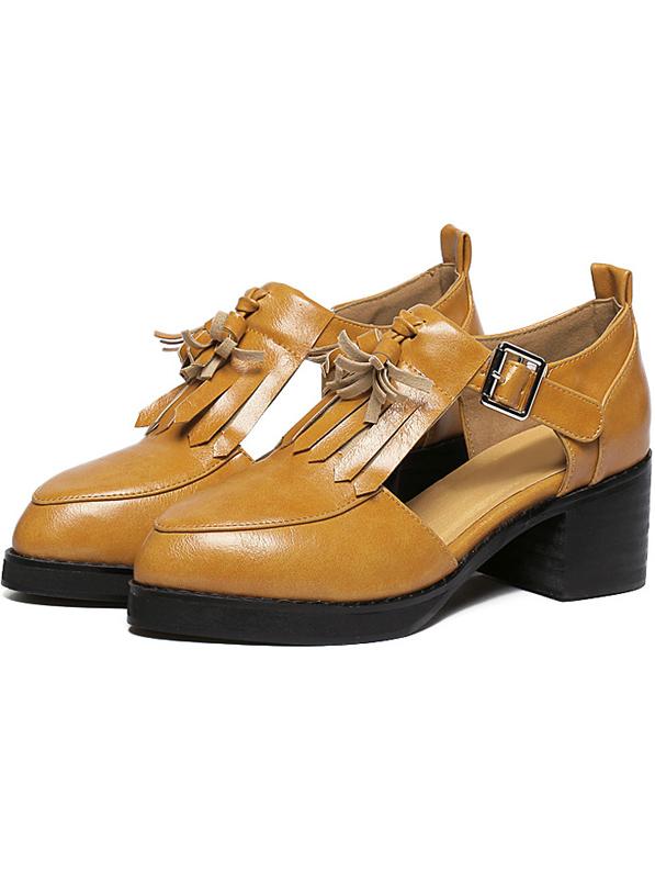 Romwe Brown Pointed Toe Tassel Chunky Heel Pumps