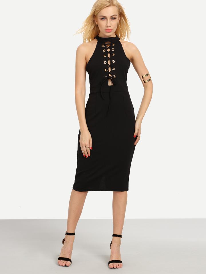 Romwe Halter Neck Lace-up Slit Back Sheath Dress - Black