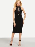 Romwe Halter Neck Lace-up Slit Back Sheath Dress - Black