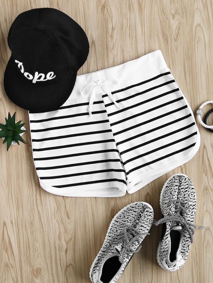 Romwe Striped Drawstring Waist Shorts