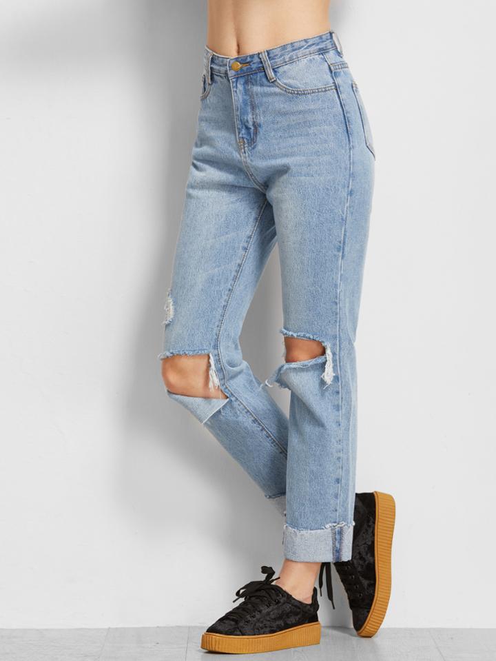 Romwe Blue Stone Wash Rolled Hem Distressed Jeans