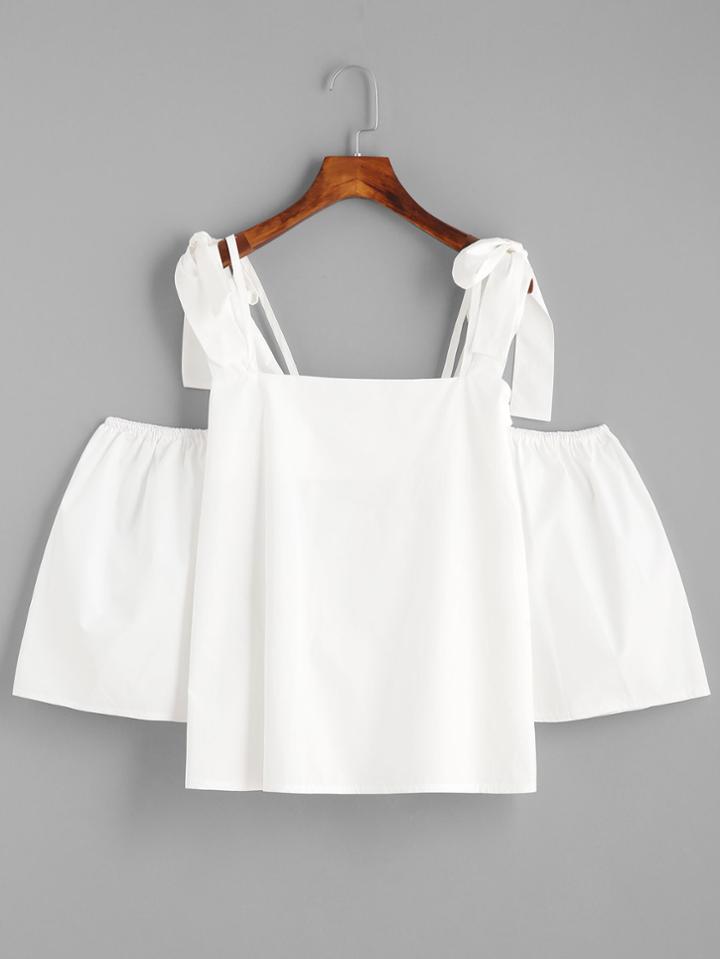 Romwe White Cold Shoulder Tie Top