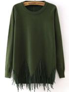 Romwe Round Neck Tassel Green Sweater