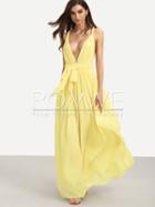 Romwe Yellow Sleeveless V Neck Tie Waist Maxi Dress